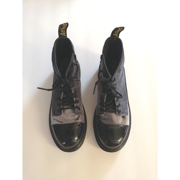 Doc Dr Martens grey blue velvet patent 8 eye boots - Picture 5 of 7